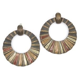 Large Hoop Earrings Textured Bronze Tone Vintage Patina Fired Glass Enamel